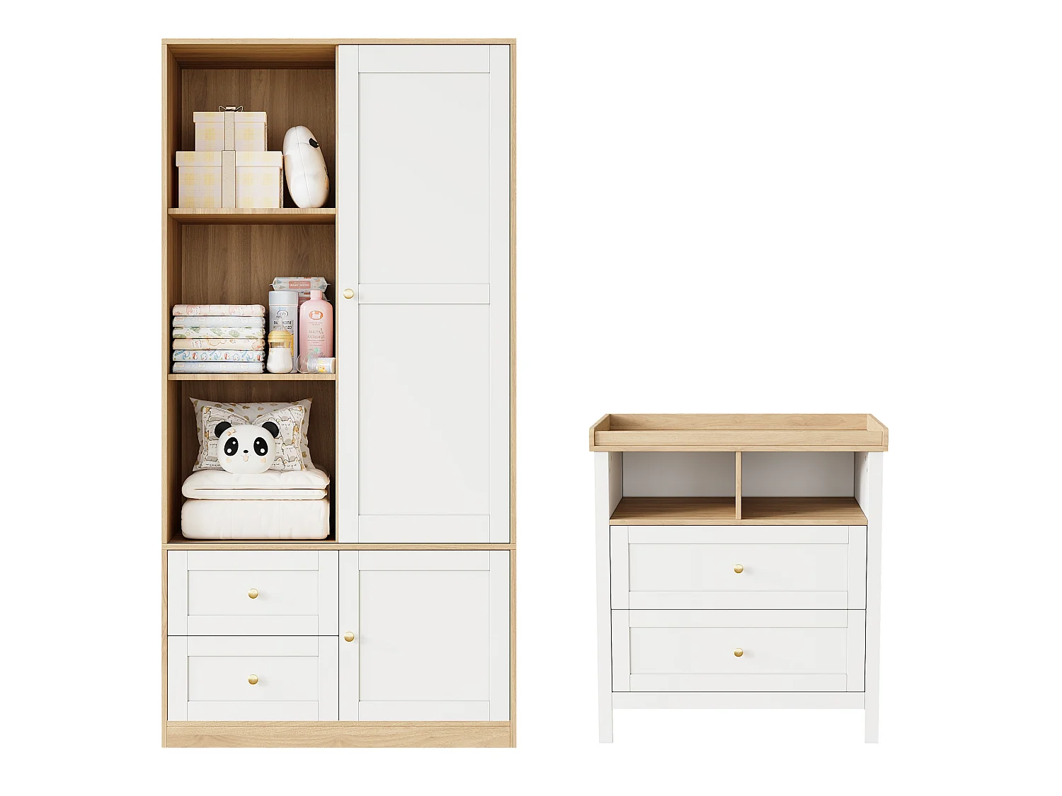 Ensemble mobilier bébé - armoire + table à langer - portes coulissantes - garde-corps amovible - MDF - Blanc + Naturel