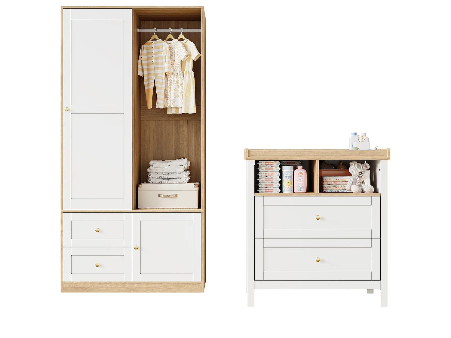 Ensemble mobilier bébé - armoire + table à langer - portes coulissantes - garde-corps amovible - MDF - Blanc + Naturel