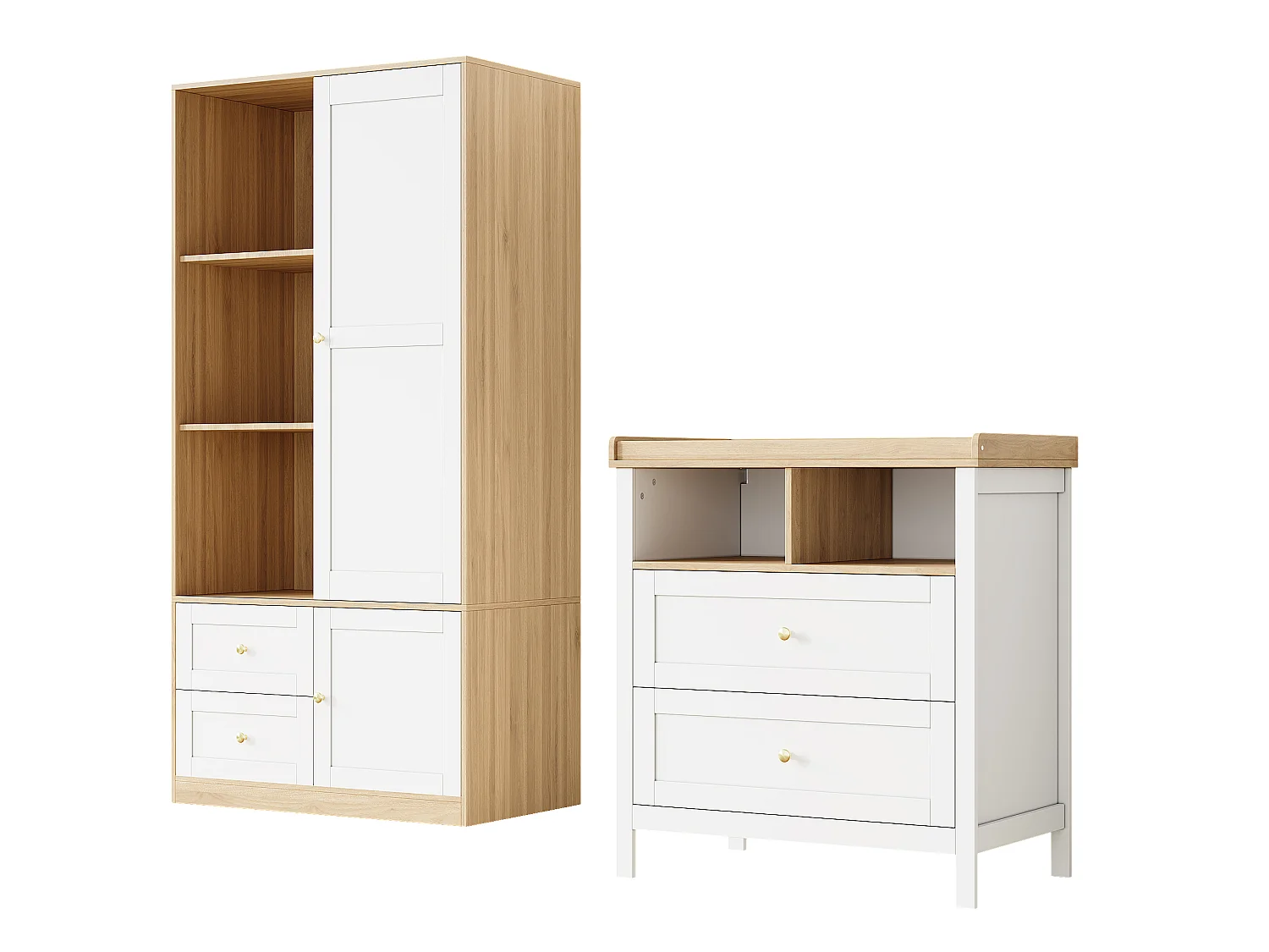 Ensemble mobilier bébé - armoire + table à langer - portes coulissantes - garde-corps amovible - MDF - Blanc + Naturel