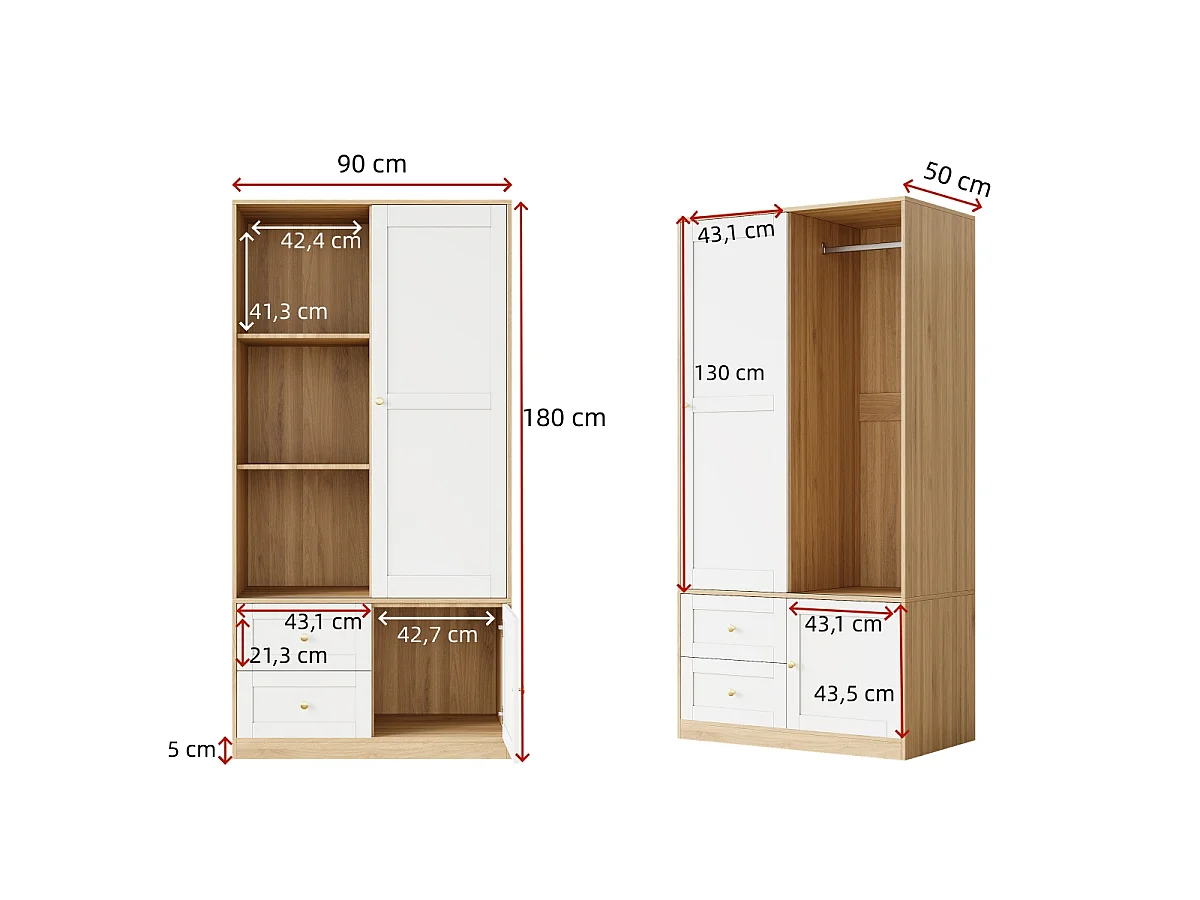 Ensemble mobilier bébé - armoire + table à langer - portes coulissantes - garde-corps amovible - MDF - Blanc + Naturel