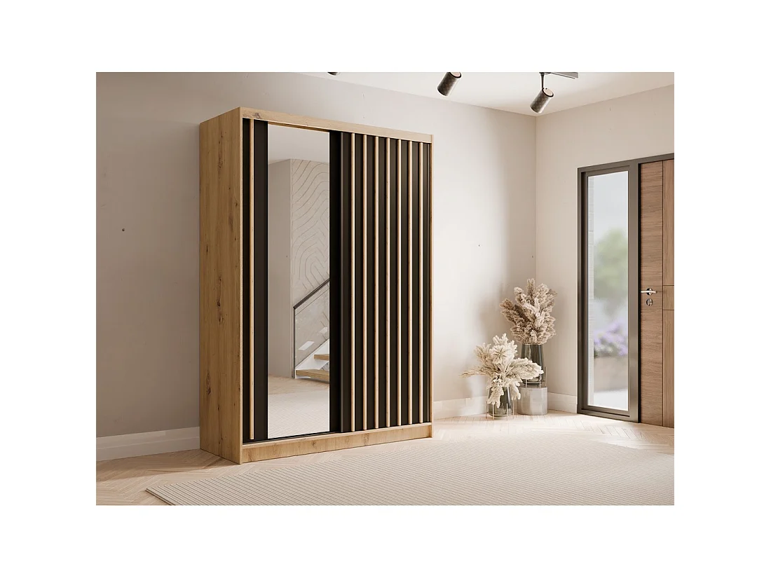 Schrank KAZU mit 2 Schiebetüren und Spiegel in Eichen- und Graphitgrau 155 cm