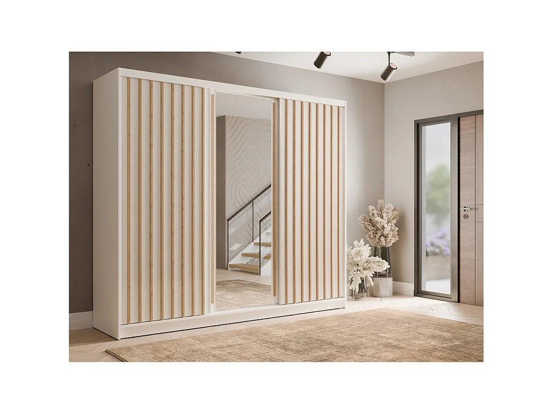 Armoire KAZU 3 portes coulissantes avec miroir et tasseaux décoratifs 248 cm