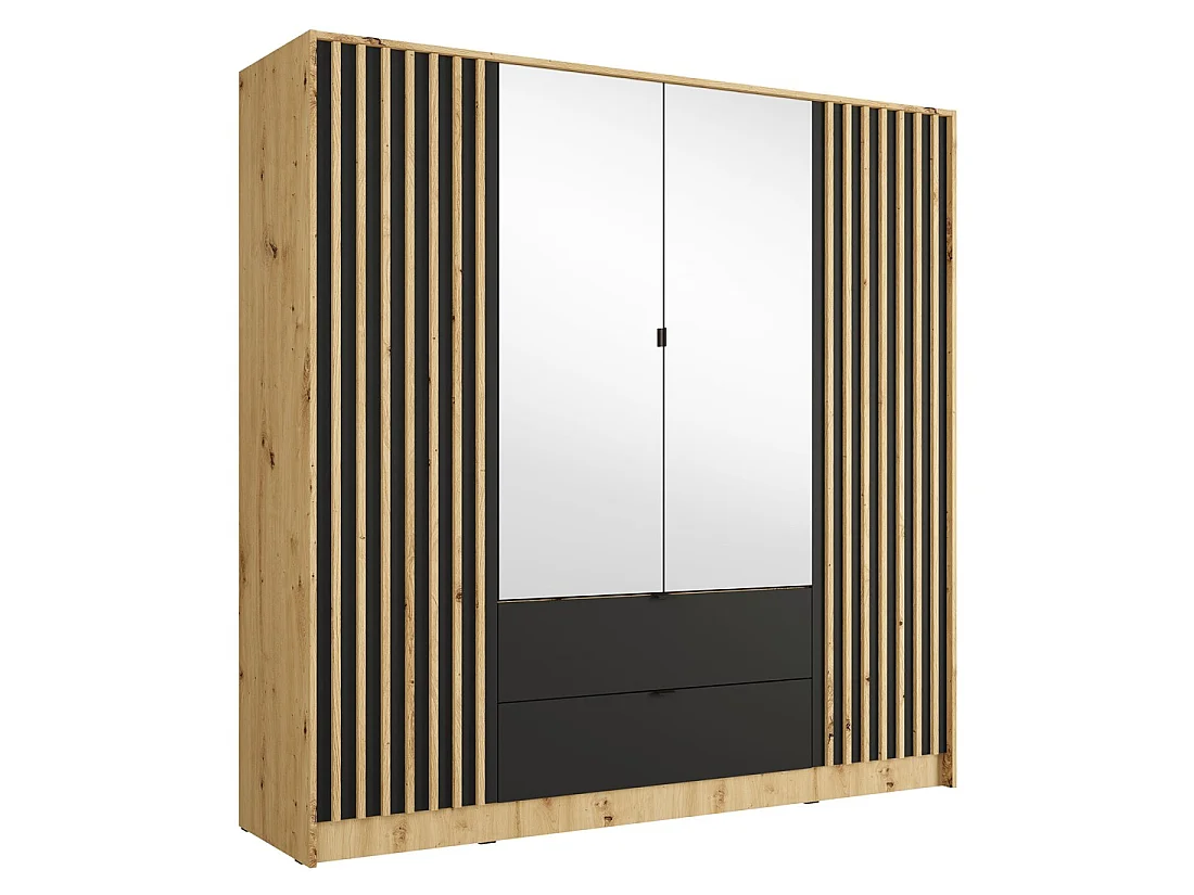 Schrank TORVIK 4 Türen mit Spiegeln, Schubladen und Leisten Eiche und Schwarz 200 cm