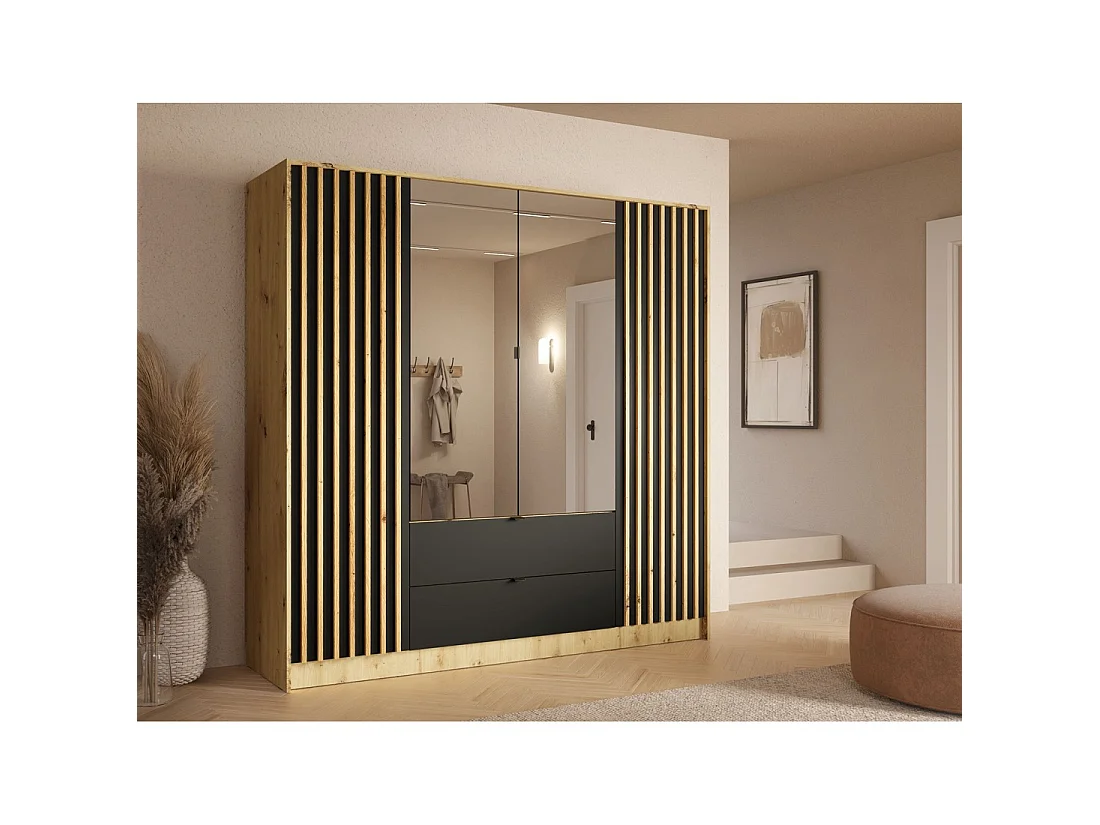 Schrank TORVIK 4 Türen mit Spiegeln, Schubladen und Leisten Eiche und Schwarz 200 cm