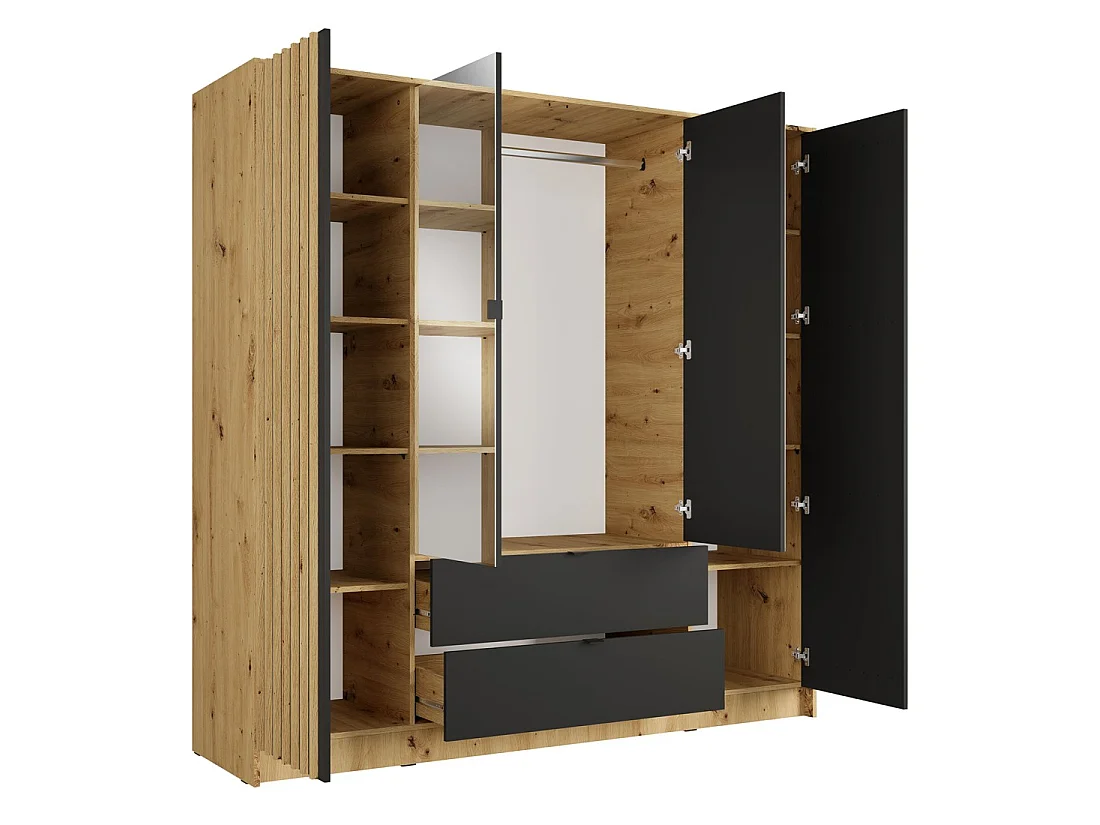 Schrank TORVIK 4 Türen mit Spiegeln, Schubladen und Leisten Eiche und Schwarz 200 cm