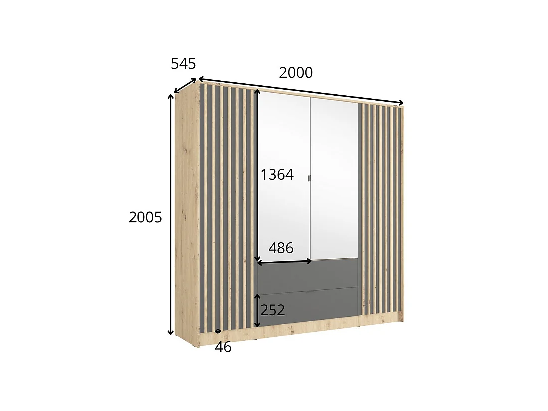 Schrank TORVIK 4 Türen mit Spiegeln, Schubladen und Leisten Eiche und Schwarz 200 cm