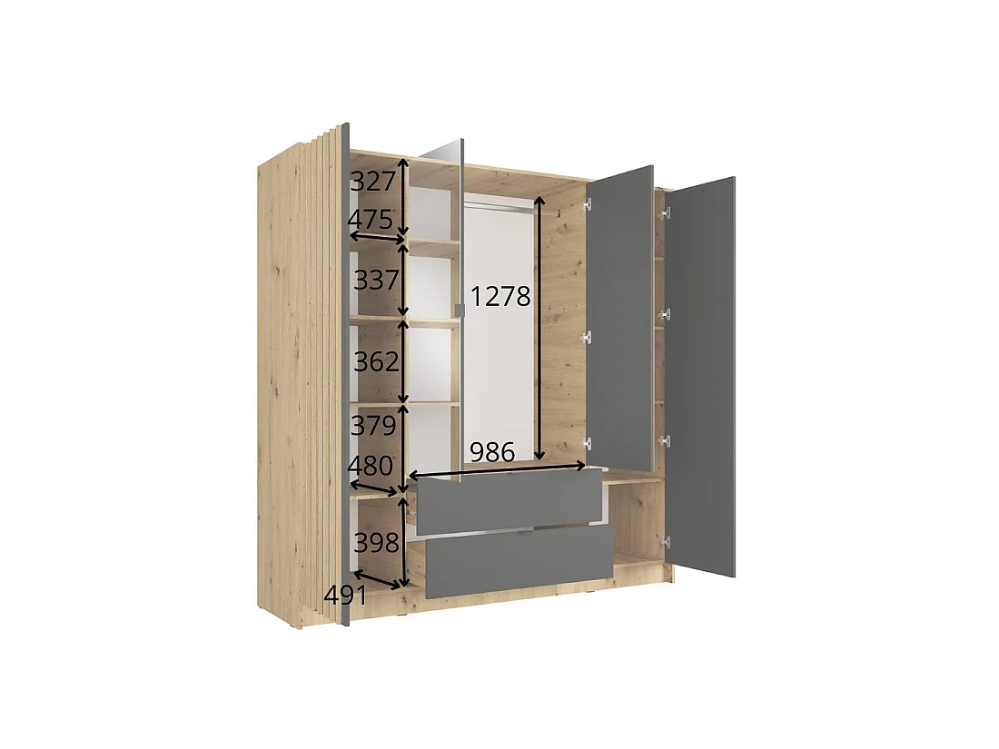 Schrank TORVIK 4 Türen mit Spiegeln, Schubladen und Leisten Eiche und Schwarz 200 cm