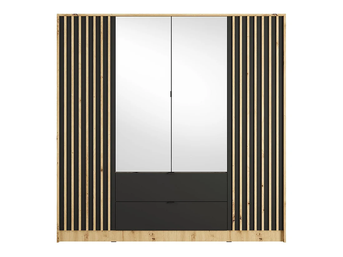 Schrank TORVIK 4 Türen mit Spiegeln, Schubladen und Leisten Eiche und Schwarz 200 cm