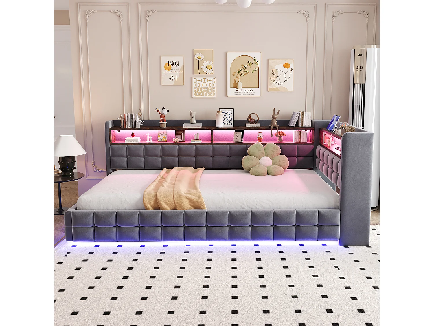 Upholstered Storage Daybed 90 x 200 cm - with LED - with Power Outlet - with USB + Type-C Charging Ports - Dark Grey (mattress not included)