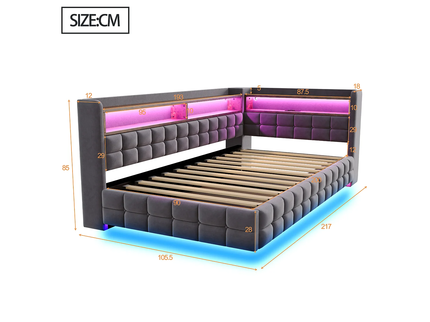 Upholstered Storage Daybed 90 x 200 cm - with LED - with Power Outlet - with USB + Type-C Charging Ports - Dark Grey (mattress not included)