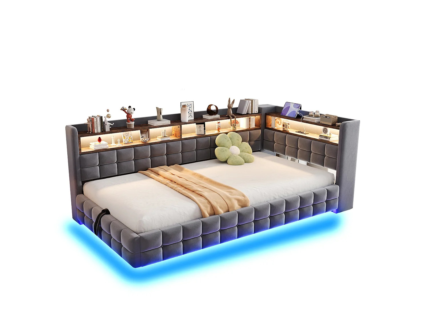 Upholstered Storage Daybed 90 x 200 cm - with LED - with Power Outlet - with USB + Type-C Charging Ports - Dark Grey (mattress not included)
