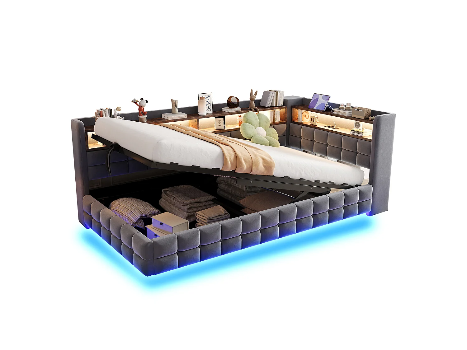 Upholstered Storage Daybed 90 x 200 cm - with LED - with Power Outlet - with USB + Type-C Charging Ports - Dark Grey (mattress not included)