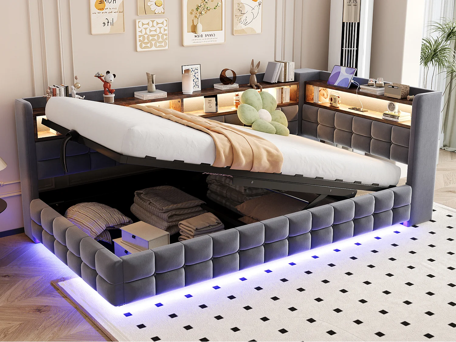Upholstered Storage Daybed 90 x 200 cm - with LED - with Power Outlet - with USB + Type-C Charging Ports - Dark Grey (mattress not included)