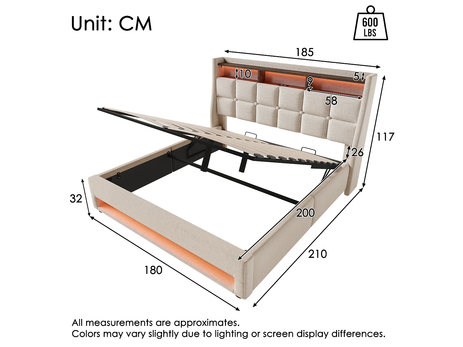 Linen storage bed 180x200cm with LED and USB ports - slatted base - beige