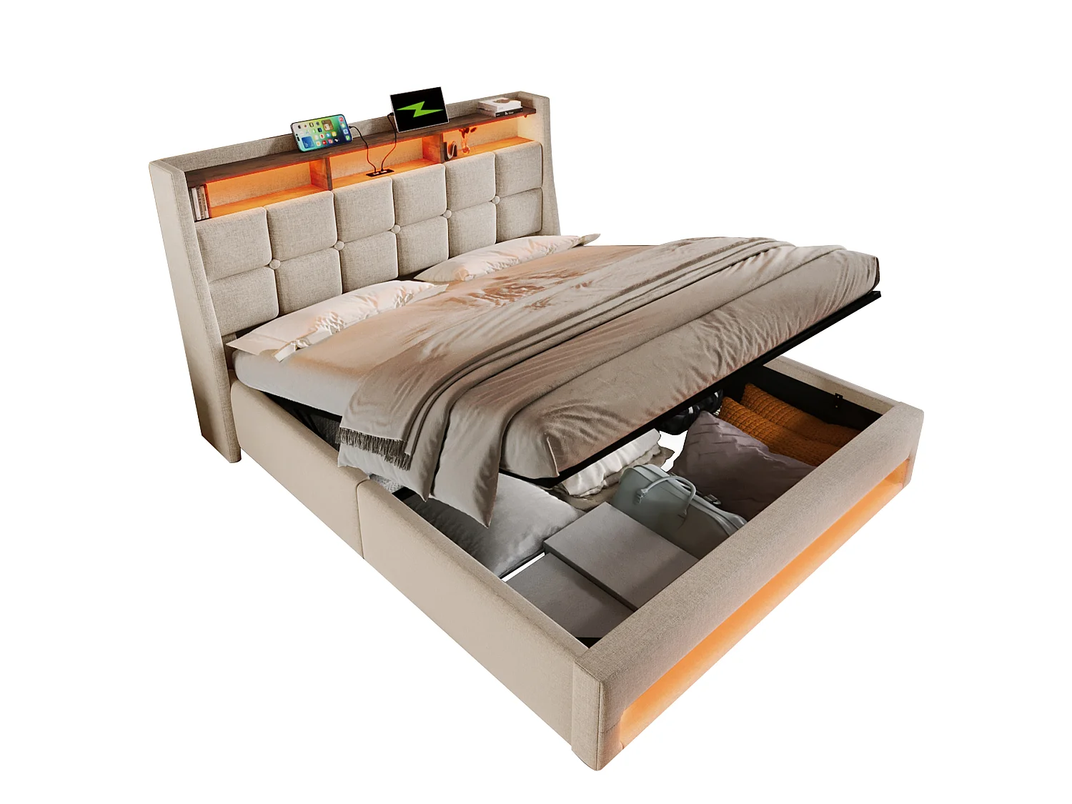 Linen storage bed 180x200cm with LED and USB ports - slatted base - beige
