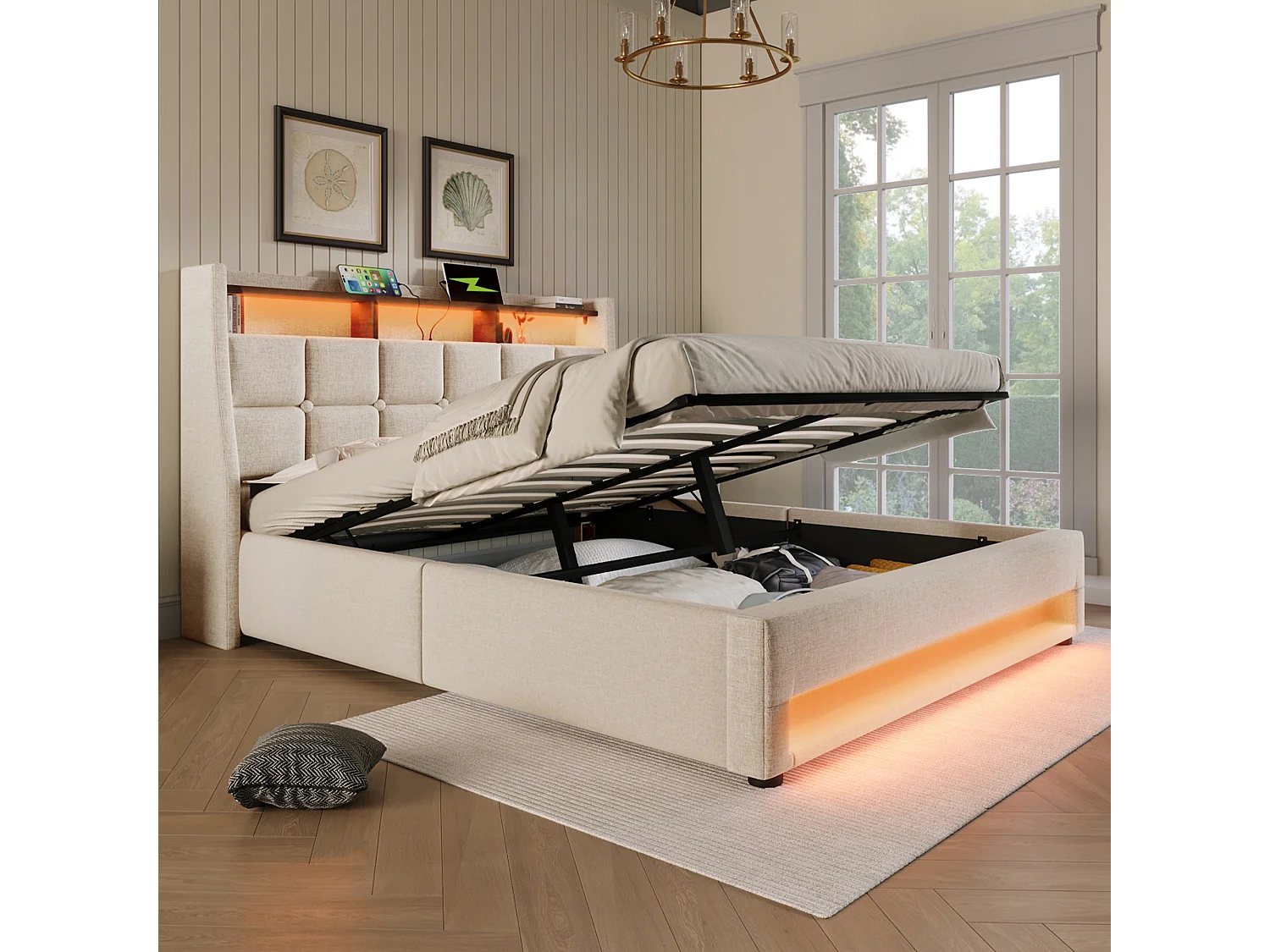 Linen storage bed 180x200cm with LED and USB ports - slatted base - beige