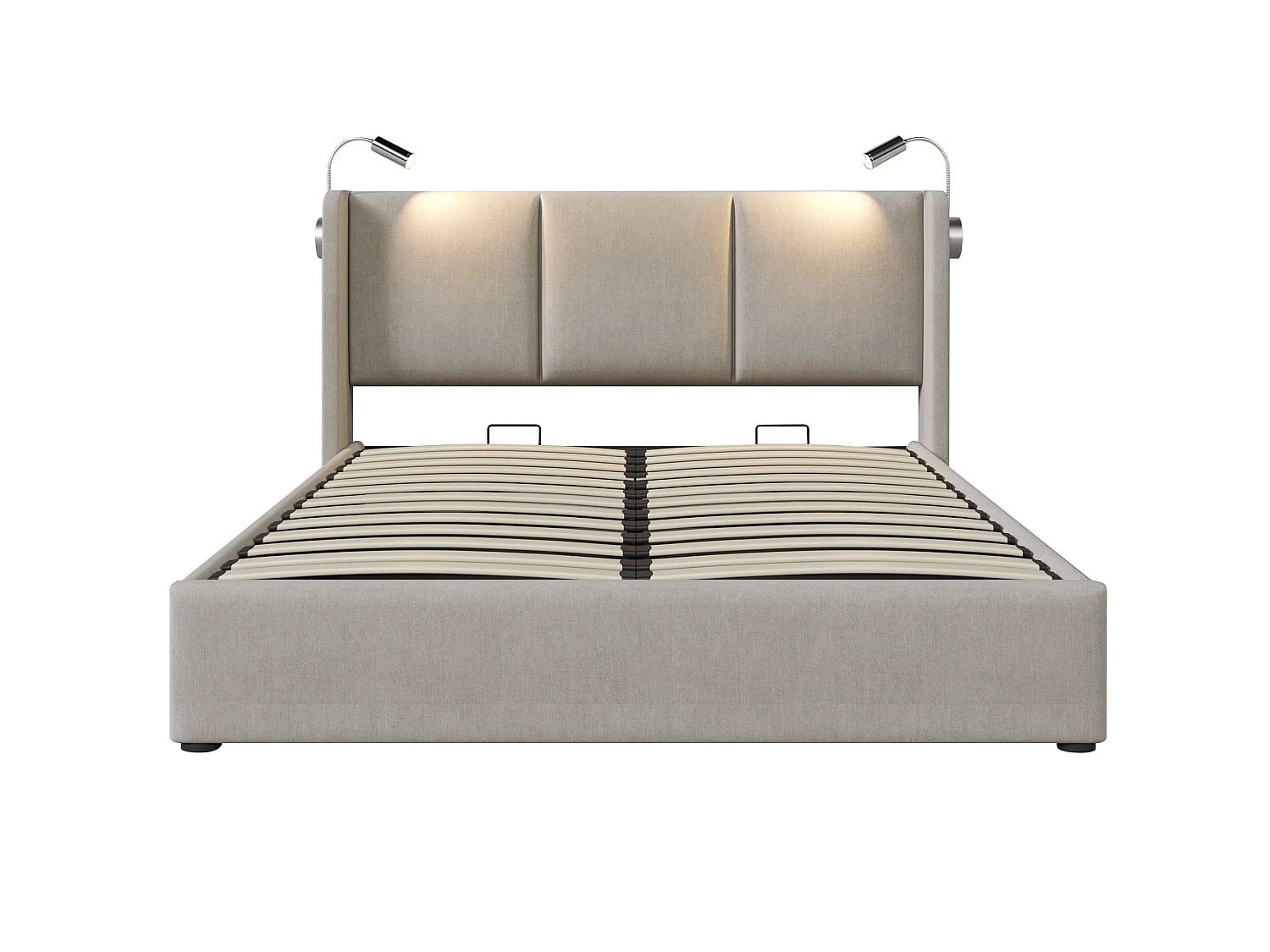 Double storage bed 180x200 cm - With storage space - With LED reading lamp - With 2 USB charging ports - Linen - Beige