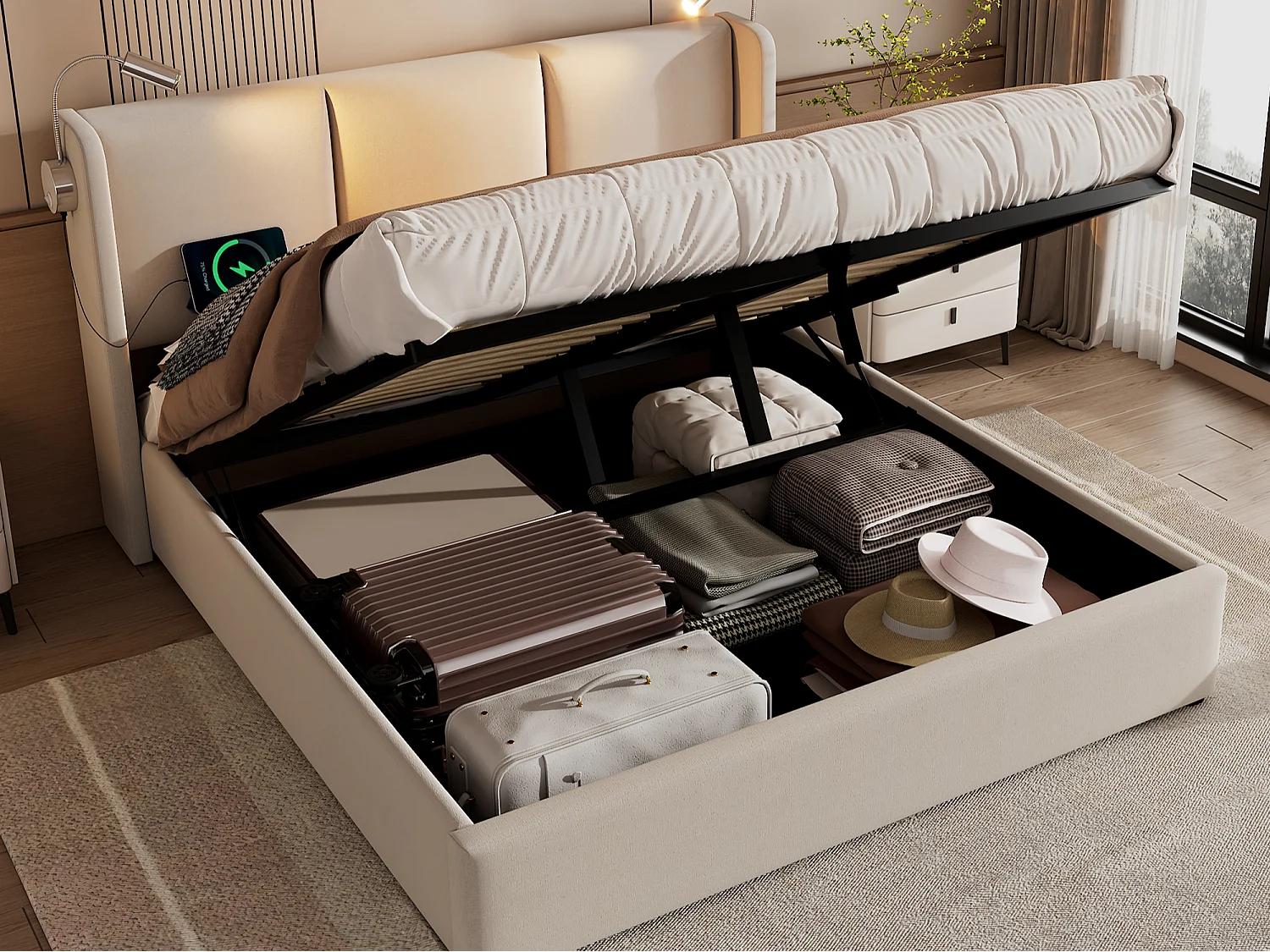 Double storage bed 180x200 cm - With storage space - With LED reading lamp - With 2 USB charging ports - Linen - Beige