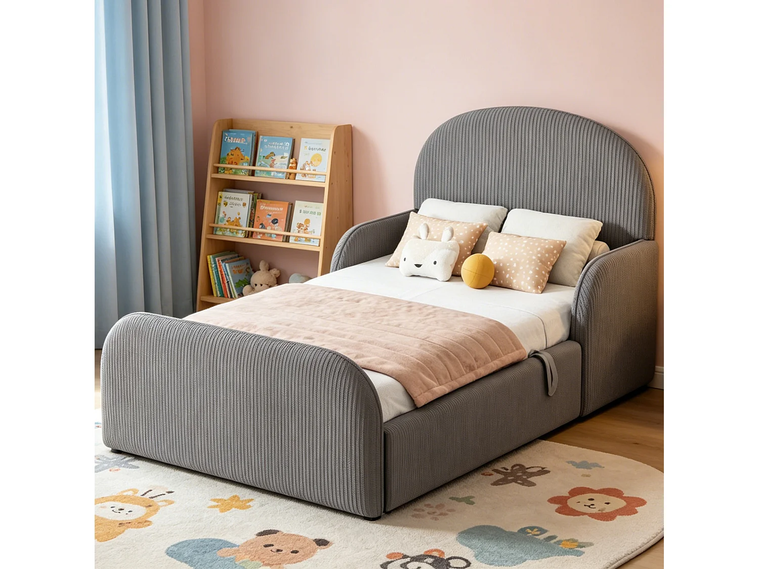 Gepolstertes Kinderbett mit Stauraum 90x200 cm - Samt - Hohes Kopfteil - Grau (Matratze nicht enthalten)