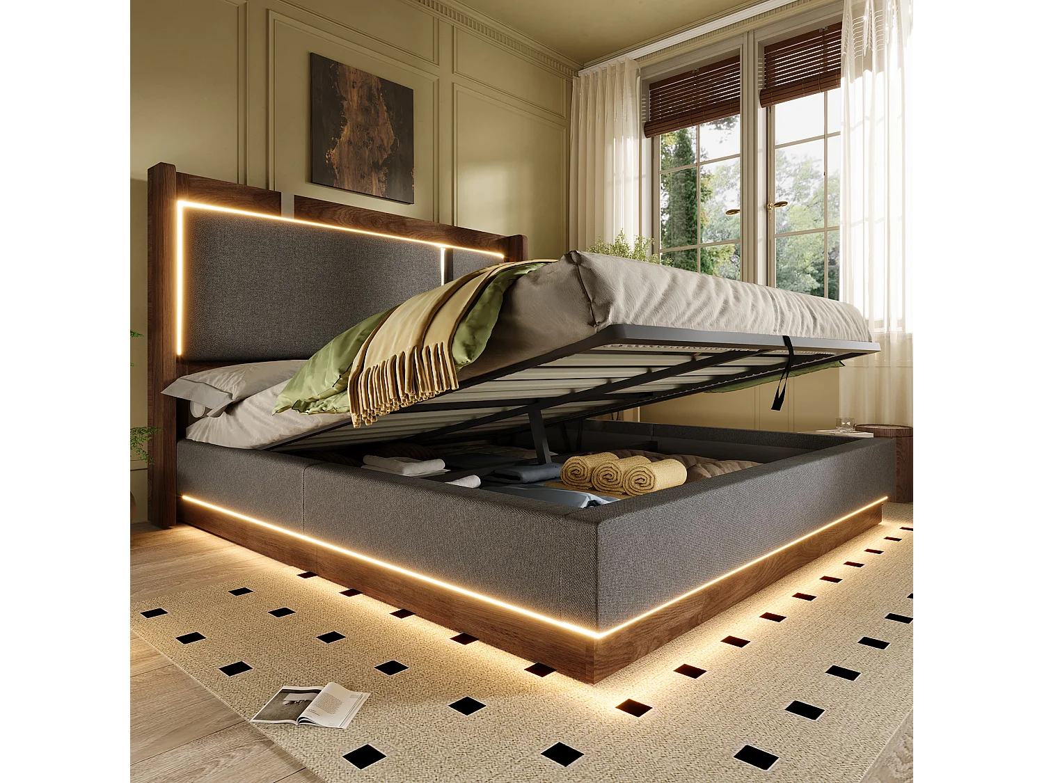 Polsterbett mit Bettkasten 180x200 cm - mit LED-Leuchten - mit Lattenrost - Leinenstoff - Grau und Nussbaumholz (ohne Matratze)
