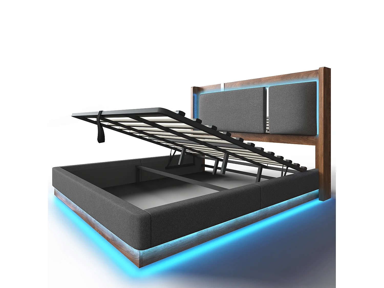 Polsterbett mit Bettkasten 180x200 cm - mit LED-Leuchten - mit Lattenrost - Leinenstoff - Grau und Nussbaumholz (ohne Matratze)