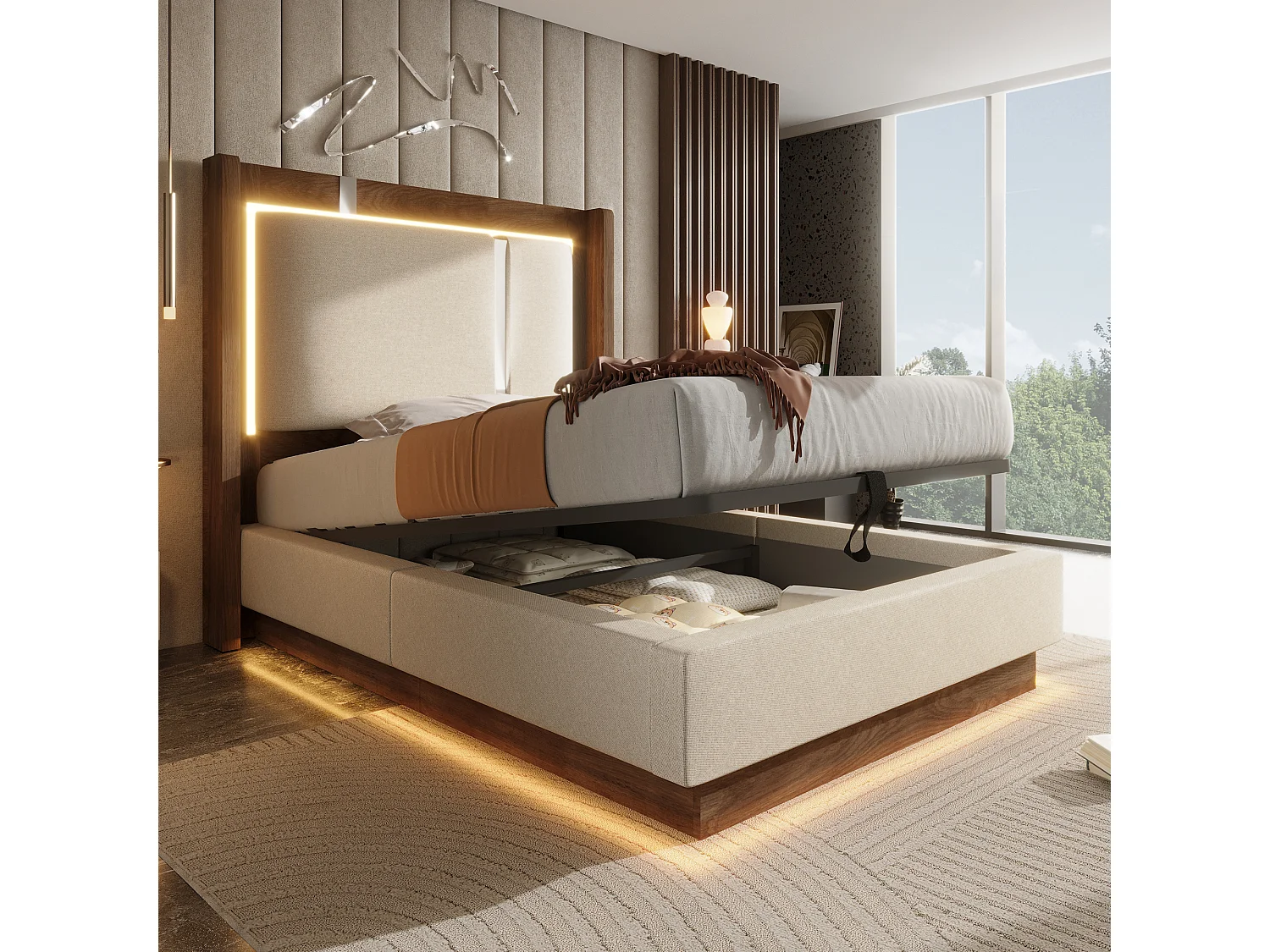 Polsterbett mit Bettkasten 90x200 cm - mit LED-Leuchten - mit Lattenrost - Leinenstoff - Beige und Nussbaumholz (ohne Matratze)