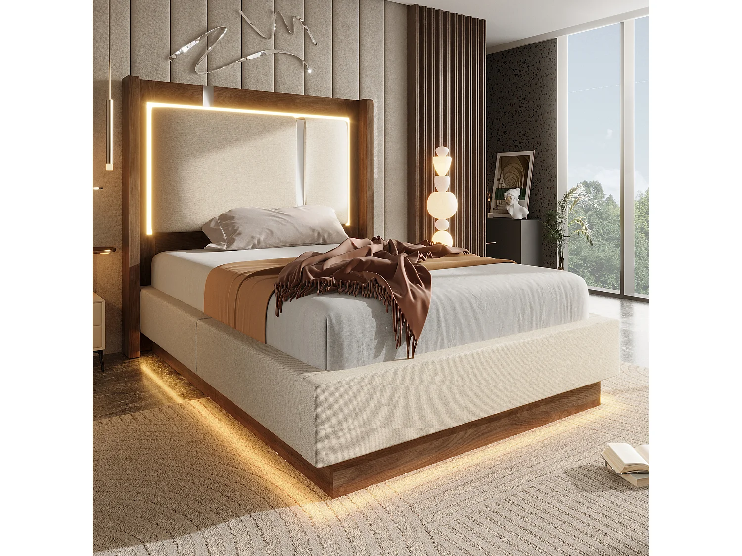 Polsterbett mit Bettkasten 90x200 cm - mit LED-Leuchten - mit Lattenrost - Leinenstoff - Beige und Nussbaumholz (ohne Matratze)