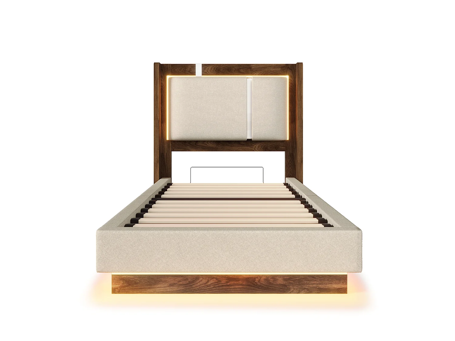 Polsterbett mit Bettkasten 90x200 cm - mit LED-Leuchten - mit Lattenrost - Leinenstoff - Beige und Nussbaumholz (ohne Matratze)