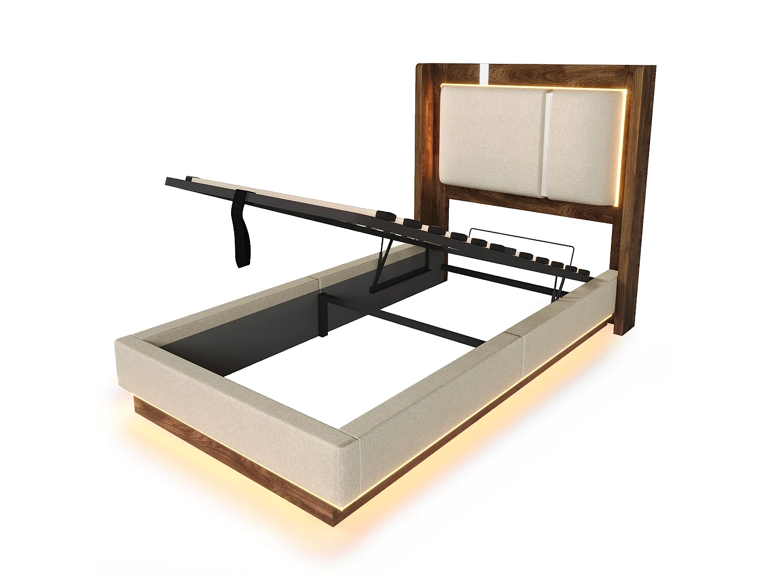 Polsterbett mit Bettkasten 90x200 cm - mit LED-Leuchten - mit Lattenrost - Leinenstoff - Beige und Nussbaumholz (ohne Matratze)