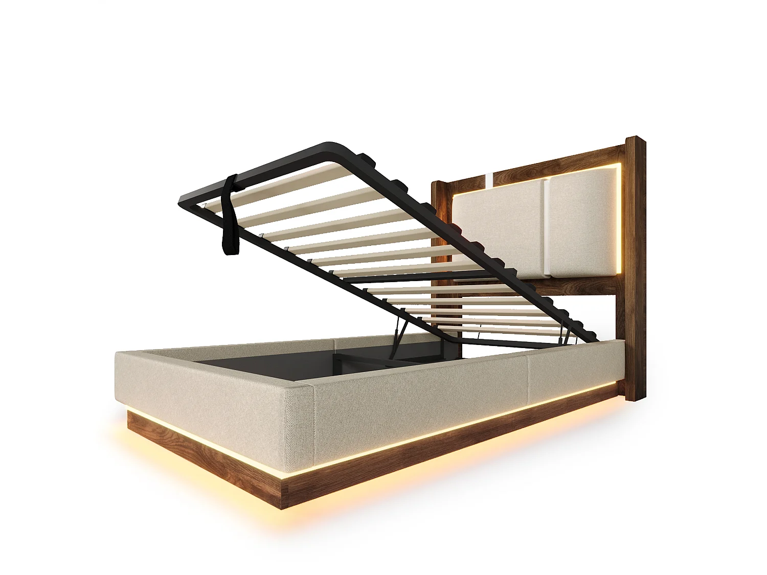 Polsterbett mit Bettkasten 90x200 cm - mit LED-Leuchten - mit Lattenrost - Leinenstoff - Beige und Nussbaumholz (ohne Matratze)