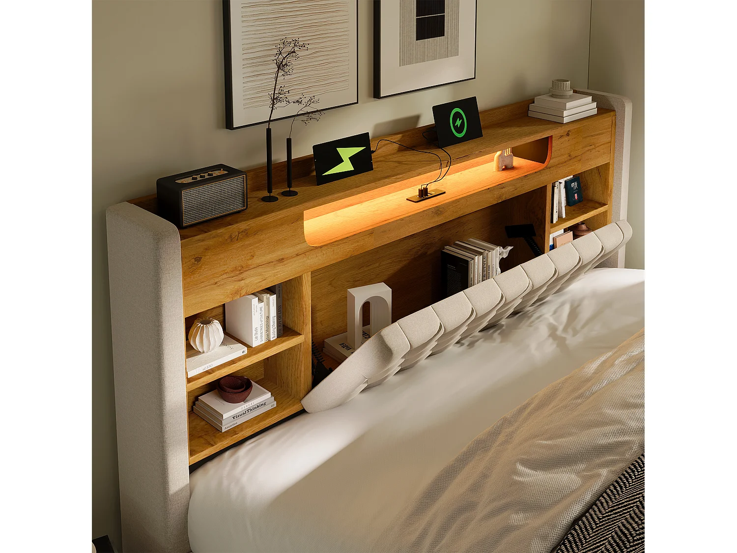 Gepolstertes Stauraumbett 160x200 cm - mit LED - mit USB/Type-C-Ladung - Kopfteil mit Stauraum - Leinenstoff - Beige (ohne Matratze)