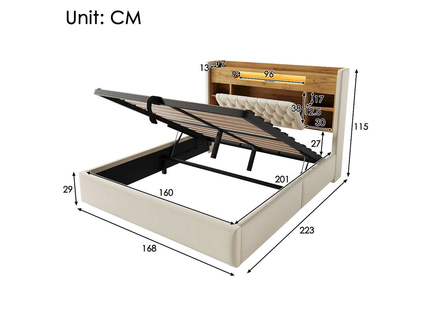 Gepolstertes Stauraumbett 160x200 cm - mit LED - mit USB/Type-C-Ladung - Kopfteil mit Stauraum - Leinenstoff - Beige (ohne Matratze)