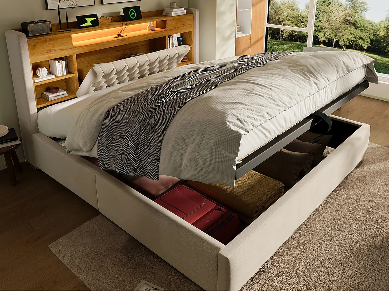 Gepolstertes Stauraumbett 160x200 cm - mit LED - mit USB/Type-C-Ladung - Kopfteil mit Stauraum - Leinenstoff - Beige (ohne Matratze)