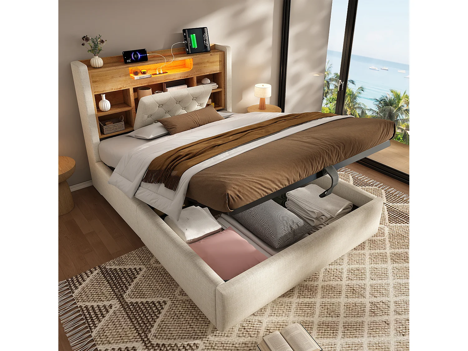Lit coffre rembourré 90x200cm - avec LED - avec chargement USB/Type-C - tête de lit avec rangement - tissu de lin - Beige (sans matelas)