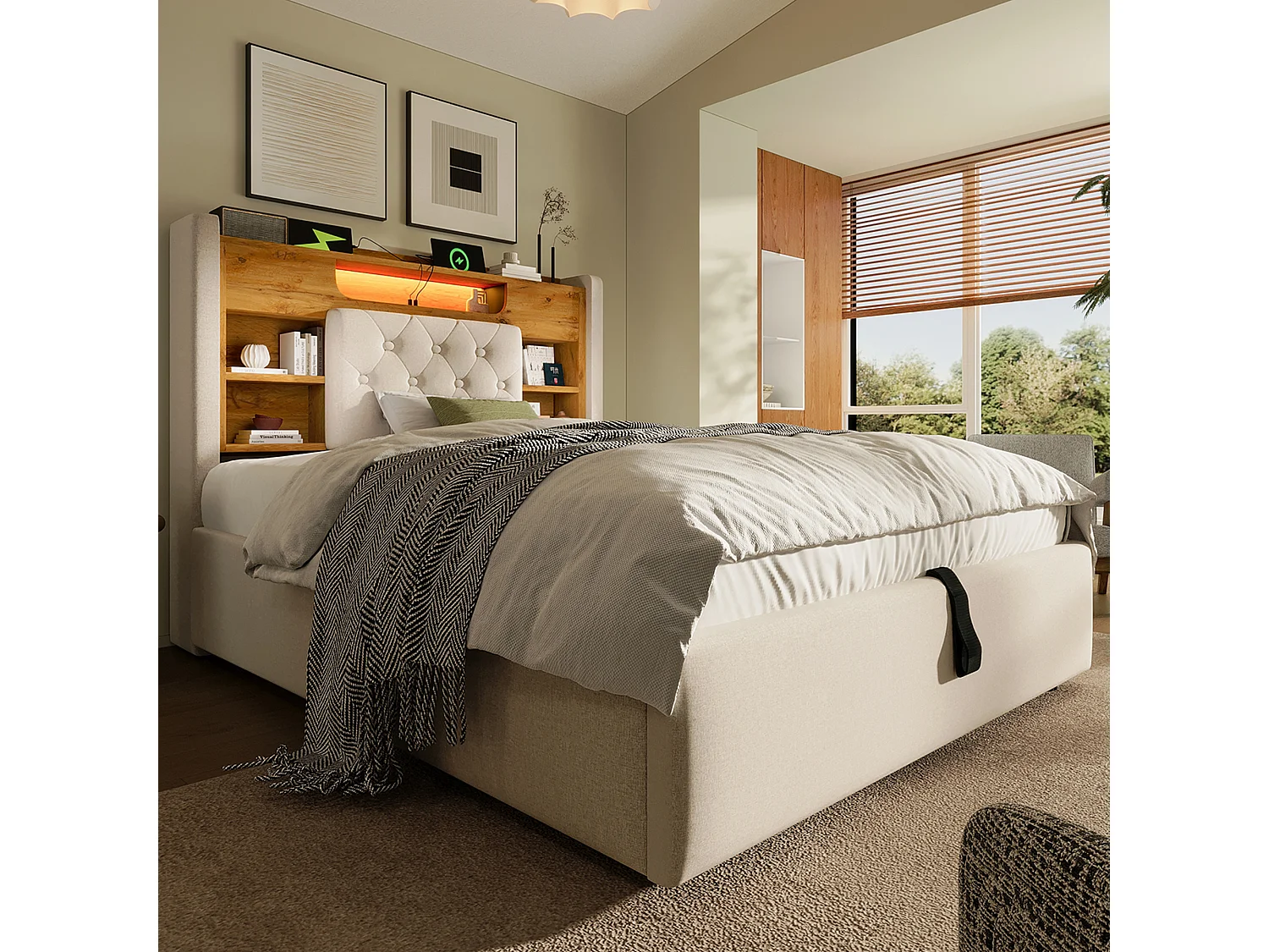 Lit coffre rembourré 90x200cm - avec LED - avec chargement USB/Type-C - tête de lit avec rangement - tissu de lin - Beige (sans matelas)