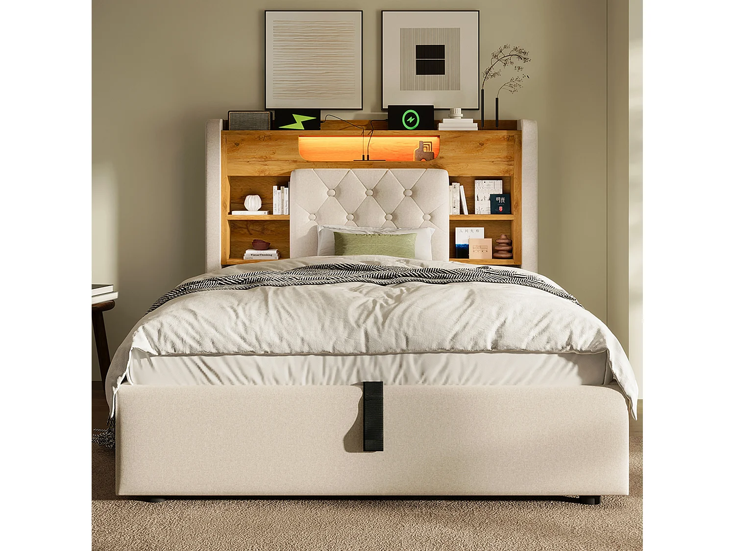 Lit coffre rembourré 90x200cm - avec LED - avec chargement USB/Type-C - tête de lit avec rangement - tissu de lin - Beige (sans matelas)