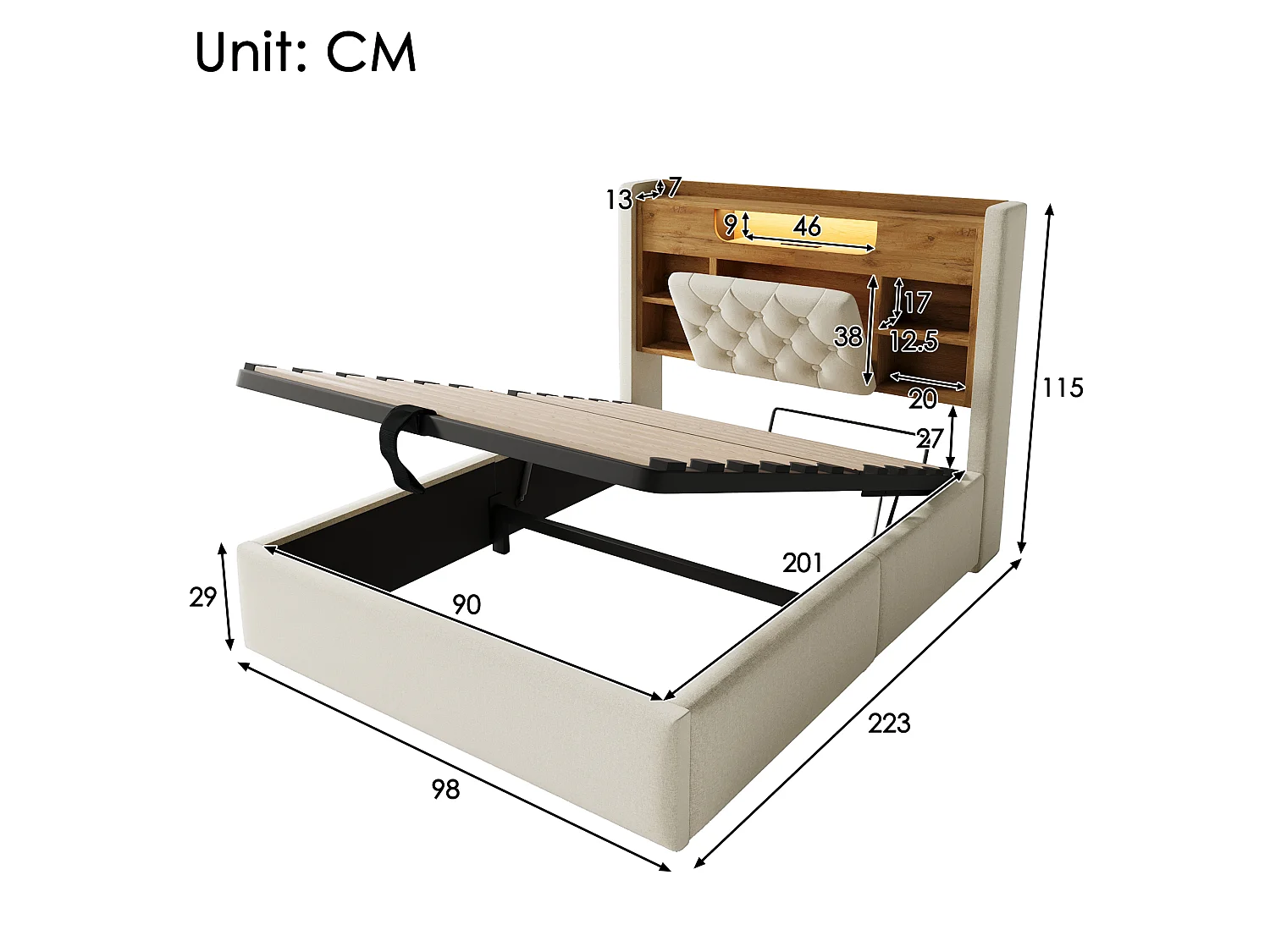 Lit coffre rembourré 90x200cm - avec LED - avec chargement USB/Type-C - tête de lit avec rangement - tissu de lin - Beige (sans matelas)