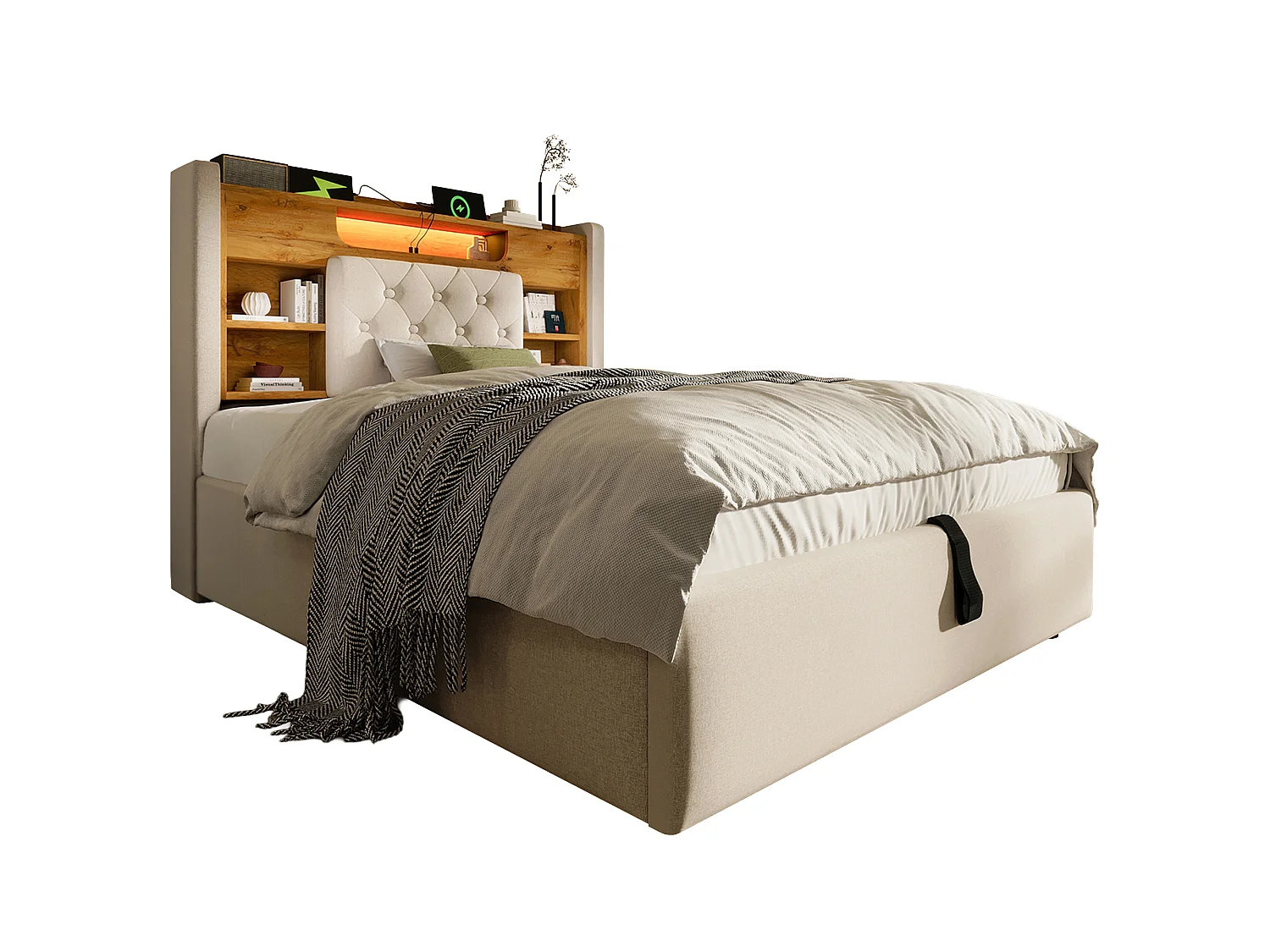 Lit coffre rembourré 90x200cm - avec LED - avec chargement USB/Type-C - tête de lit avec rangement - tissu de lin - Beige (sans matelas)