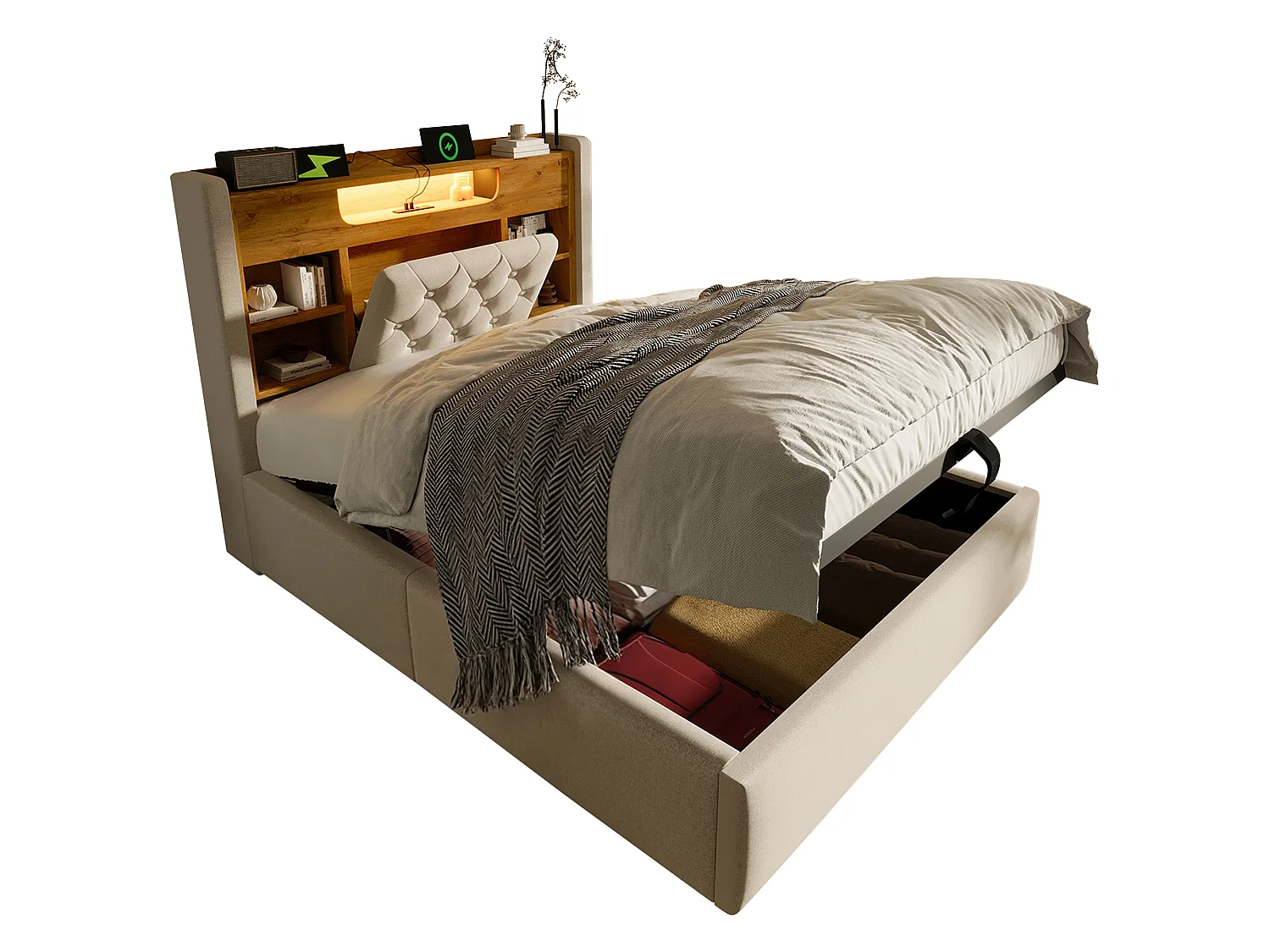 Lit coffre rembourré 90x200cm - avec LED - avec chargement USB/Type-C - tête de lit avec rangement - tissu de lin - Beige (sans matelas)
