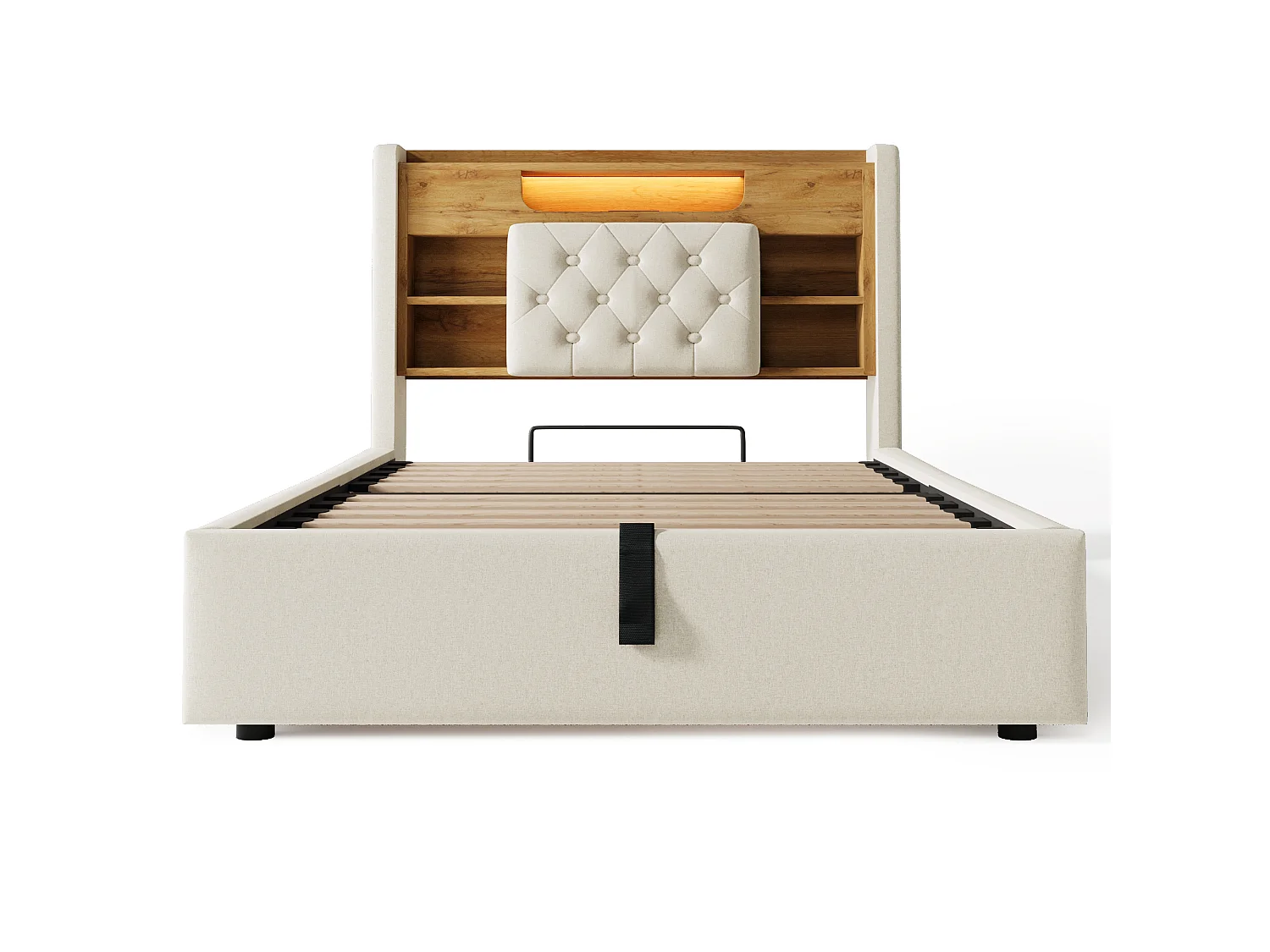 Lit coffre rembourré 90x200cm - avec LED - avec chargement USB/Type-C - tête de lit avec rangement - tissu de lin - Beige (sans matelas)