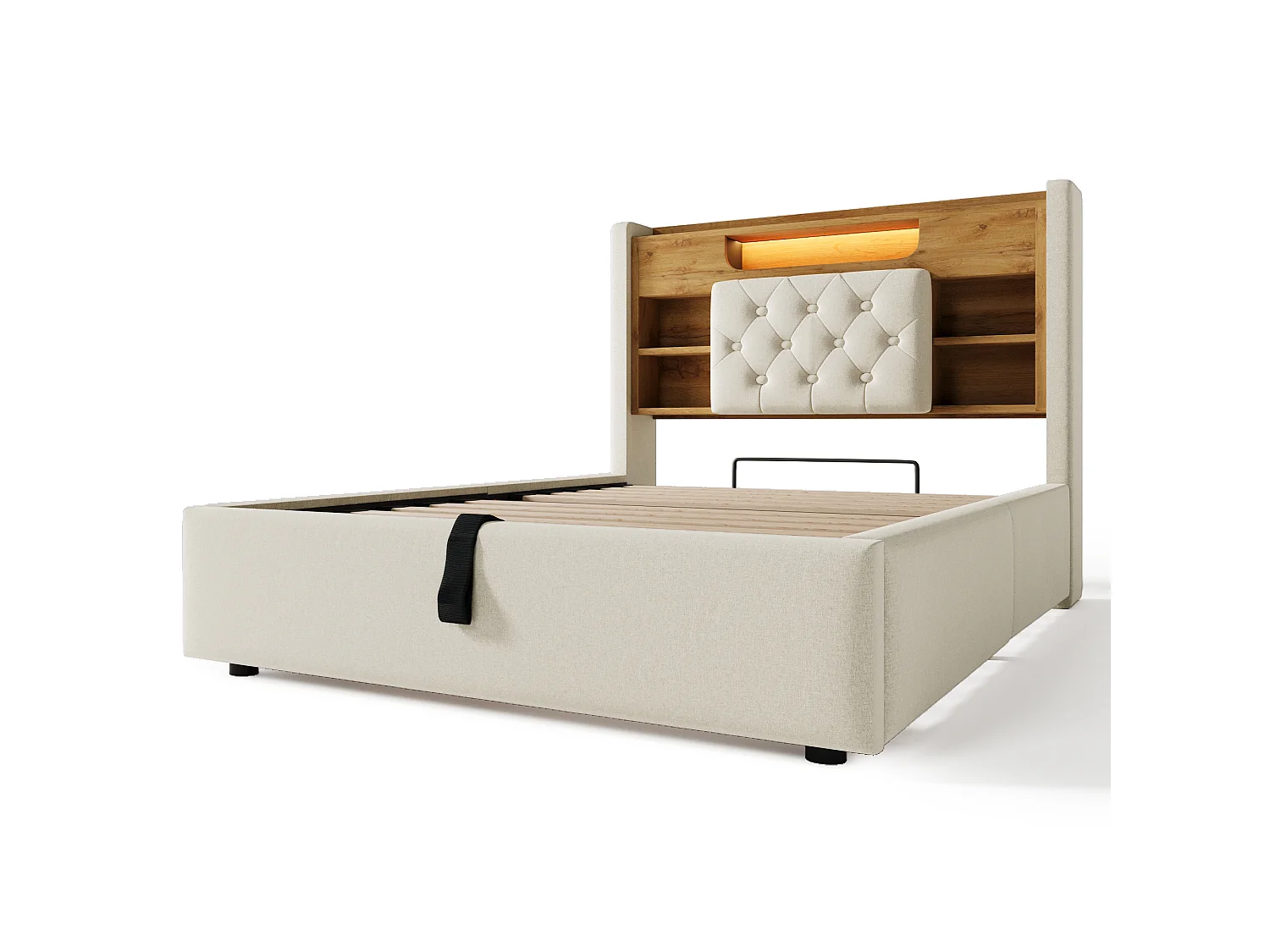 Lit coffre rembourré 90x200cm - avec LED - avec chargement USB/Type-C - tête de lit avec rangement - tissu de lin - Beige (sans matelas)