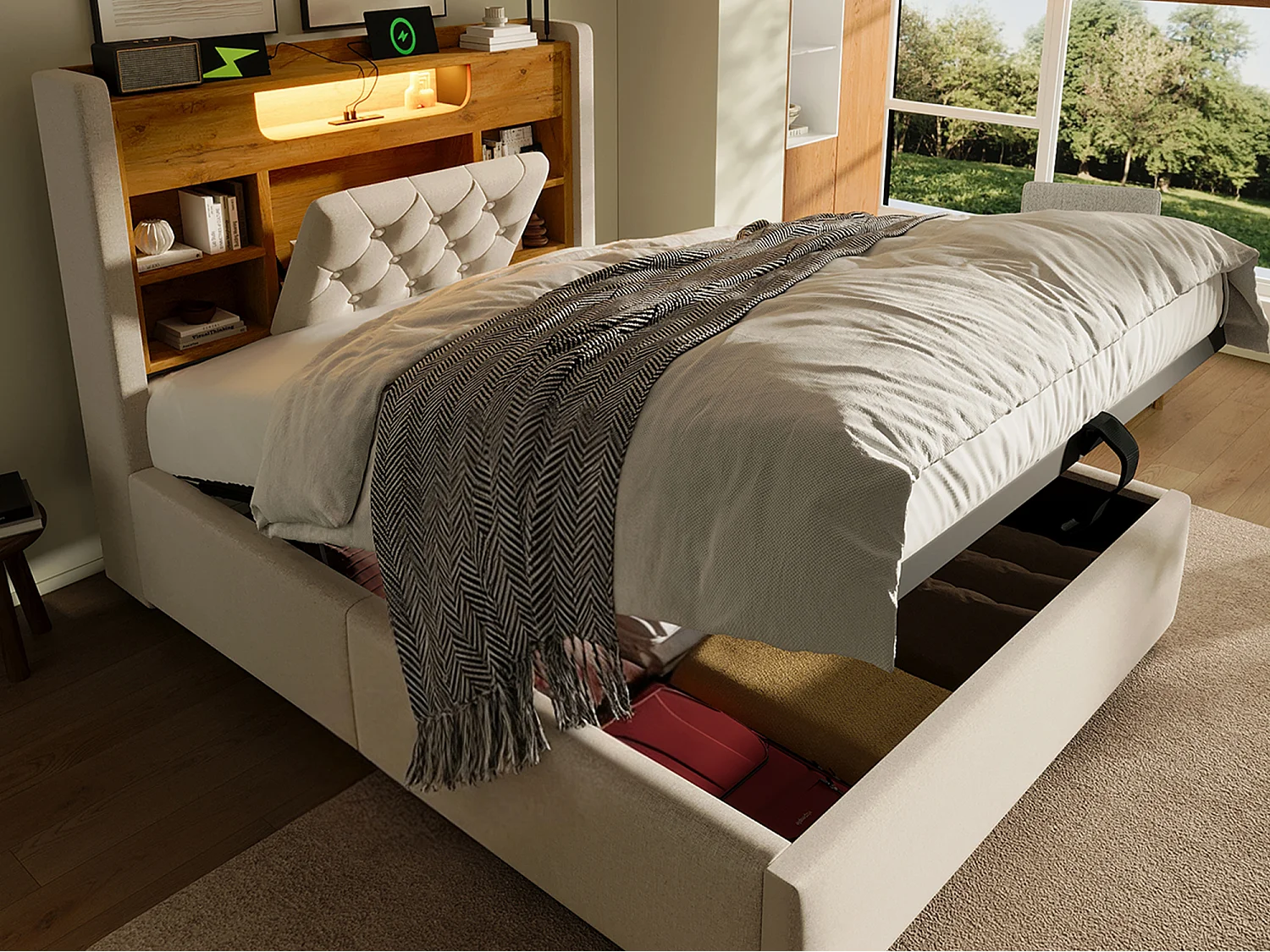 Lit coffre rembourré 90x200cm - avec LED - avec chargement USB/Type-C - tête de lit avec rangement - tissu de lin - Beige (sans matelas)