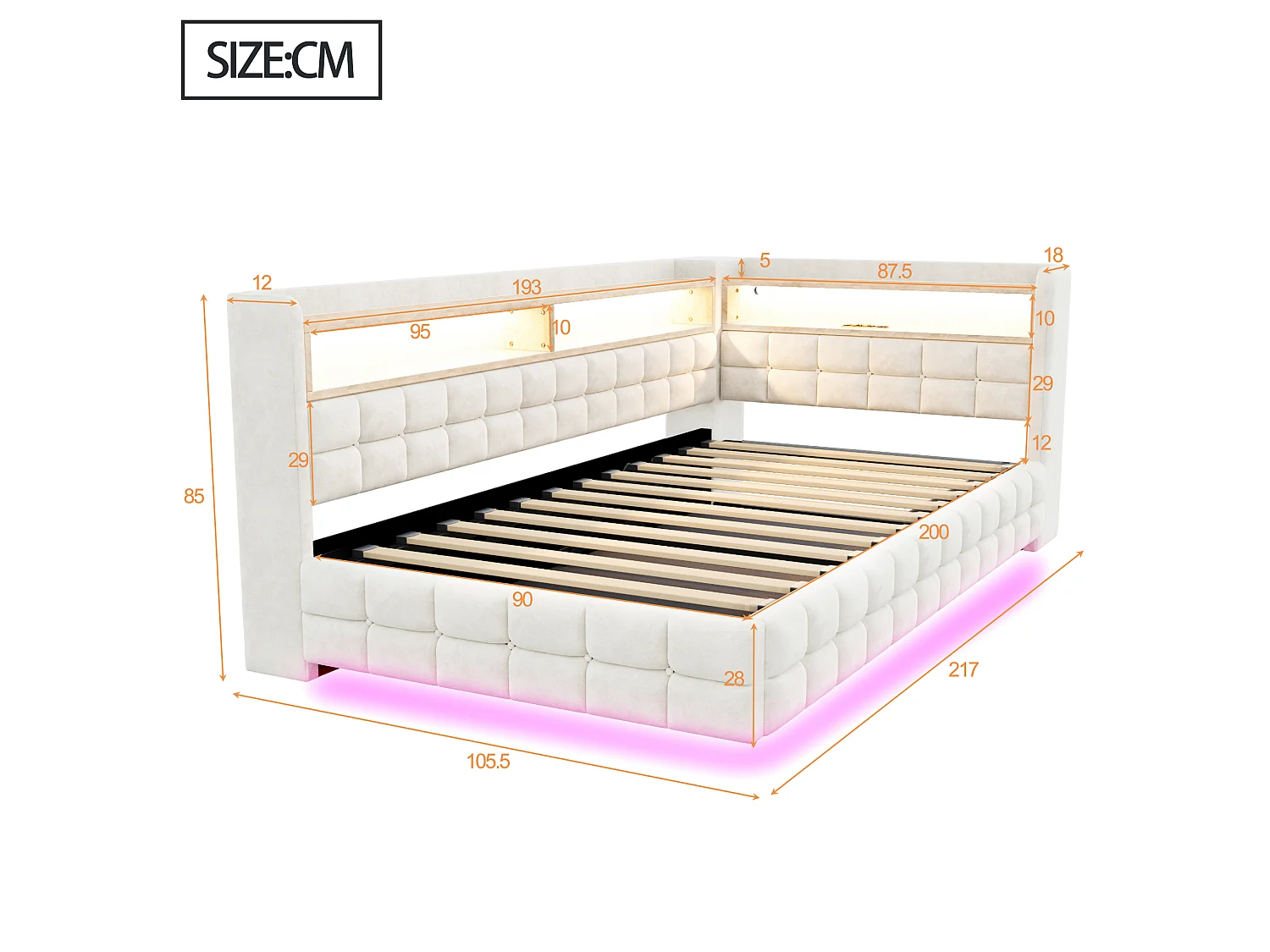 Upholstered Storage Daybed 90 x 200 cm - with LED - with Power Outlet - with USB + Type-C Charging Ports - Beige (mattress not included)