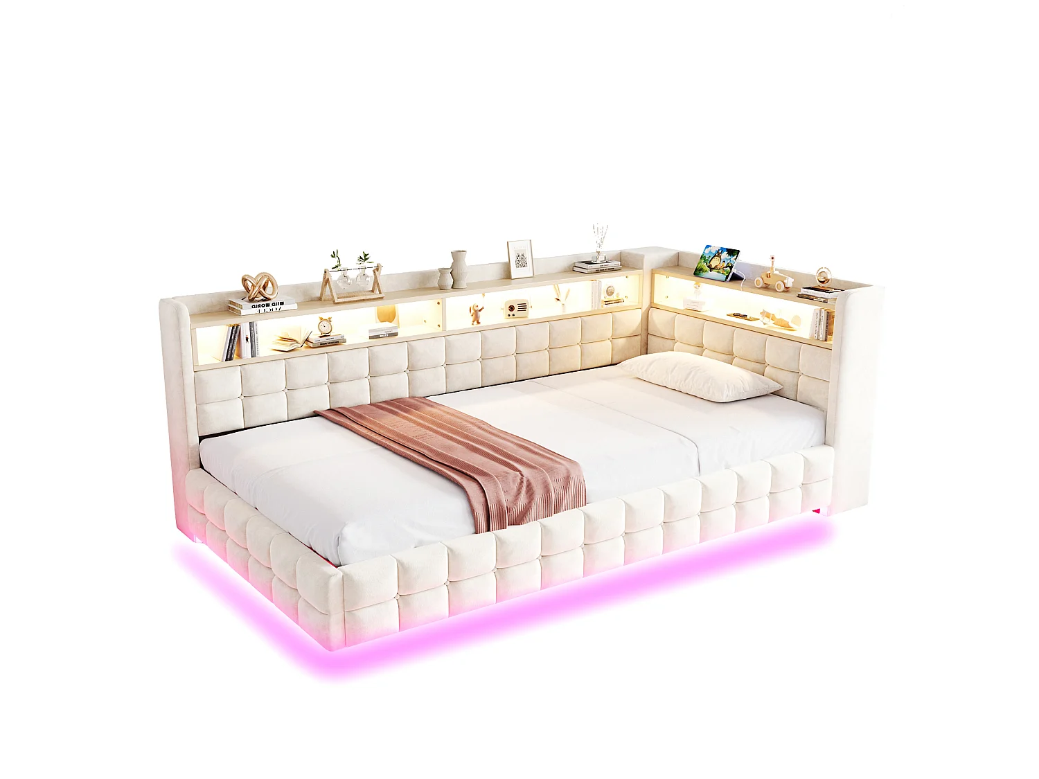 Upholstered Storage Daybed 90 x 200 cm - with LED - with Power Outlet - with USB + Type-C Charging Ports - Beige (mattress not included)