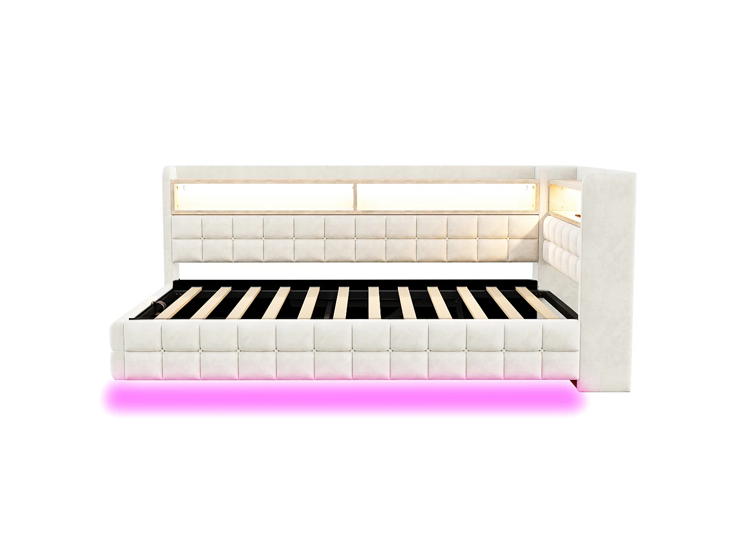 Upholstered Storage Daybed 90 x 200 cm - with LED - with Power Outlet - with USB + Type-C Charging Ports - Beige (mattress not included)