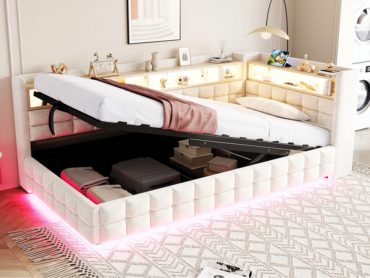 Upholstered Storage Daybed 90 x 200 cm - with LED - with Power Outlet - with USB + Type-C Charging Ports - Beige (mattress not included)