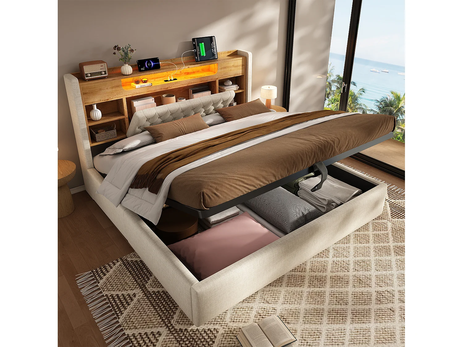 Lit coffre rembourré 140x190cm - avec LED - avec chargement USB/Type-C - tête de lit avec rangement - tissu de lin - Beige (sans matelas)