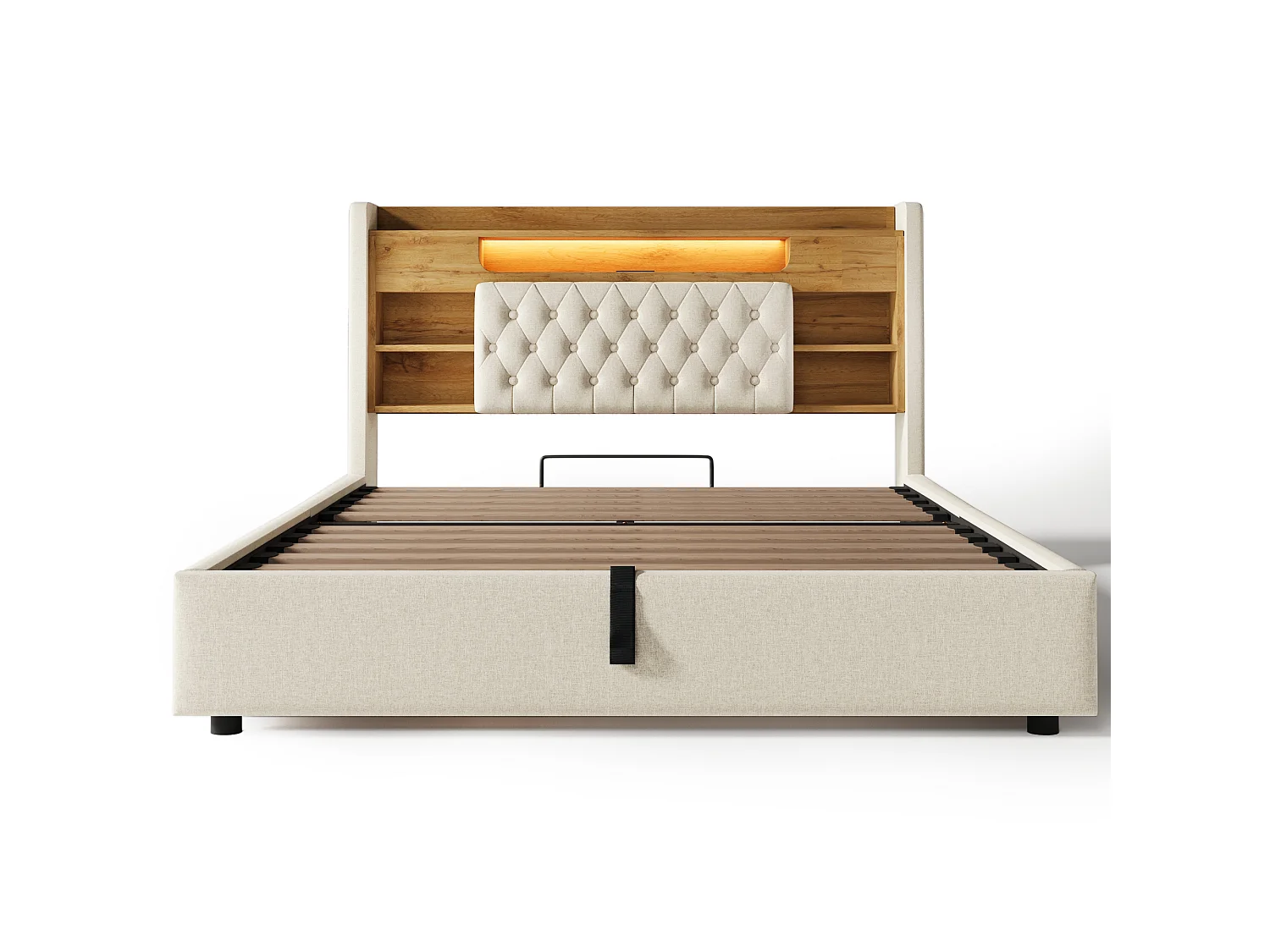 Lit coffre rembourré 140x190cm - avec LED - avec chargement USB/Type-C - tête de lit avec rangement - tissu de lin - Beige (sans matelas)