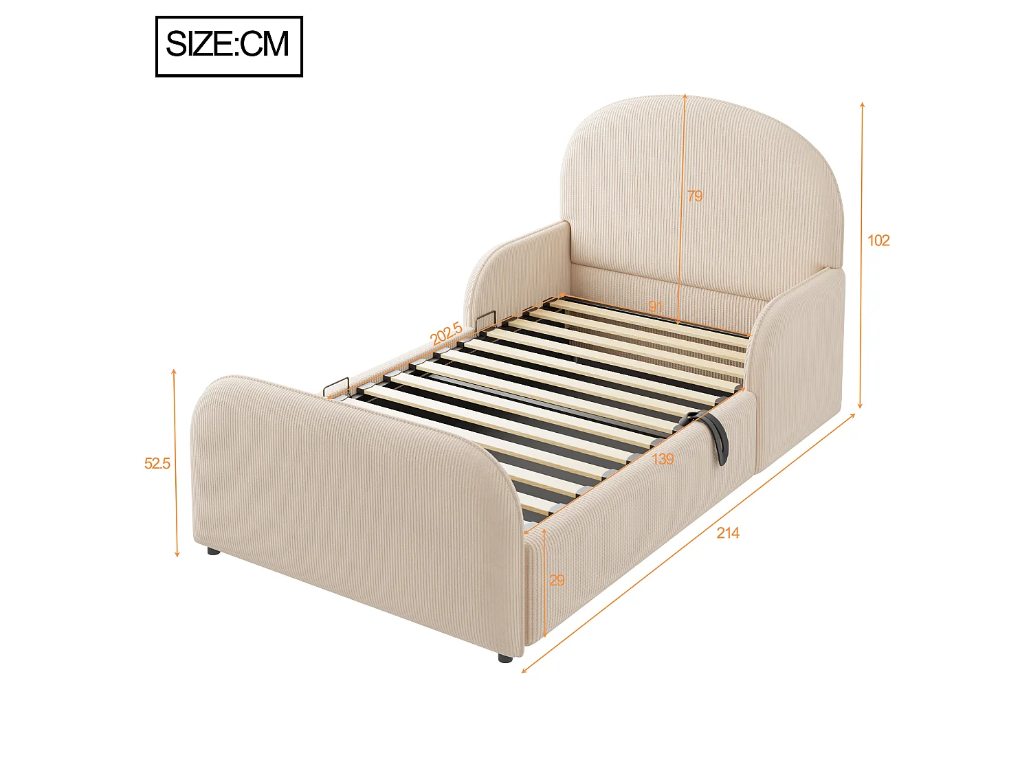 Lit coffre capitonné pour enfant 90x200cm - Velours - Tête de lit haute - beige (matelas non inclus)