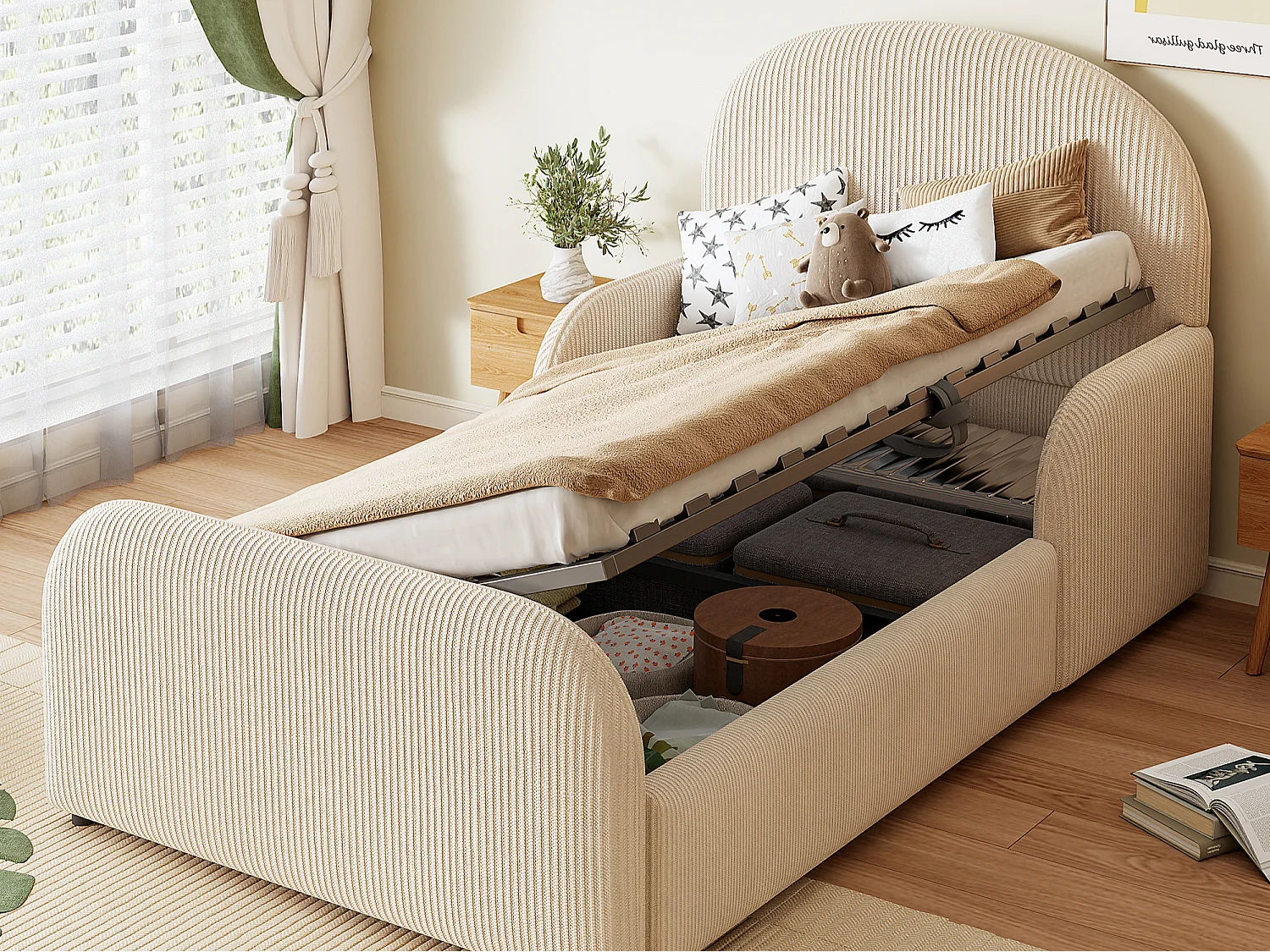 Lit coffre capitonné pour enfant 90x200cm - Velours - Tête de lit haute - beige (matelas non inclus)